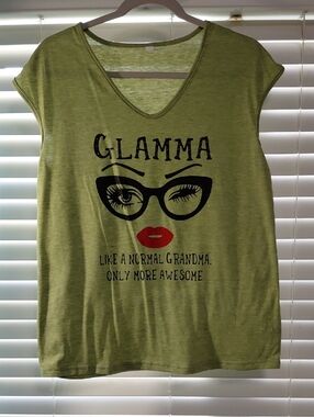 GLAMMA Graphic V-Neck Tee - Olive Green with Black & Red Print